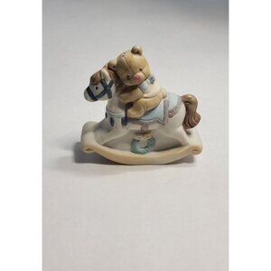 Vintage Teddy Bear Ceramic Rocking Horse Figurine Nursery Decor